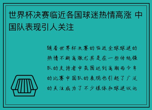 世界杯决赛临近各国球迷热情高涨 中国队表现引人关注